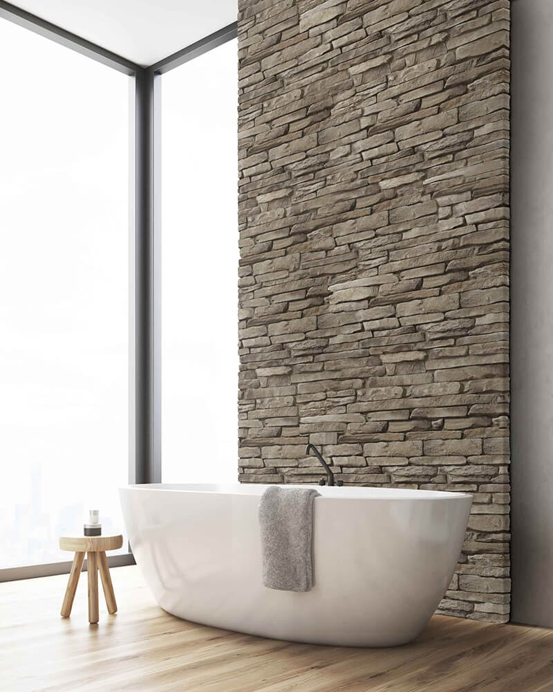 Installation_Ledgestone_CanyonRidge Horizon Stone Ledgestone Wall in Bathroom with Tub