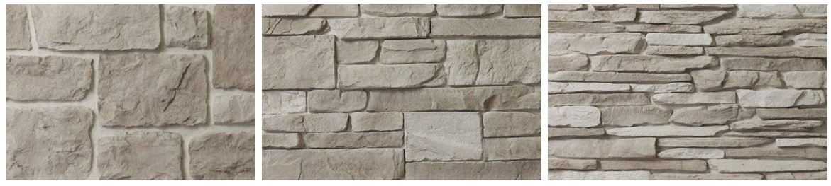 Three images of stacked stone veneer from Horizon Stone