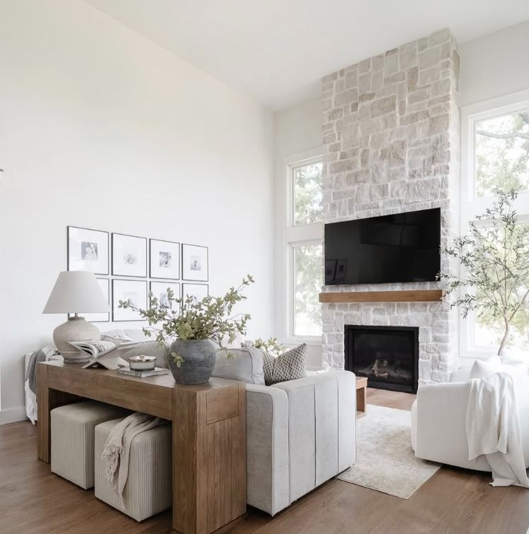 Horizon Stone’s 19th Century Hermitage white stone fireplace in a white modern farmhouse living room