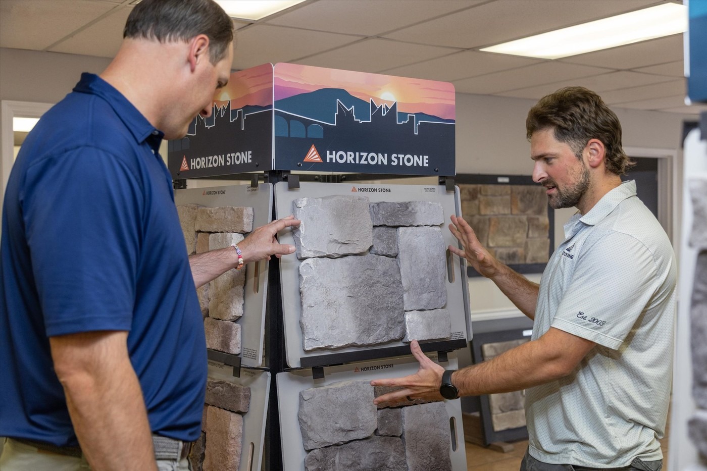 PJ Haberstock and Ryan Rankin reviewing Horizon Stone samples